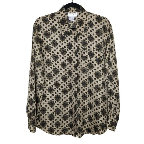 Vintage TESS 100%‎ Silk Brown Geometric Block Button Blouse Size W S - Picture 1 of 7